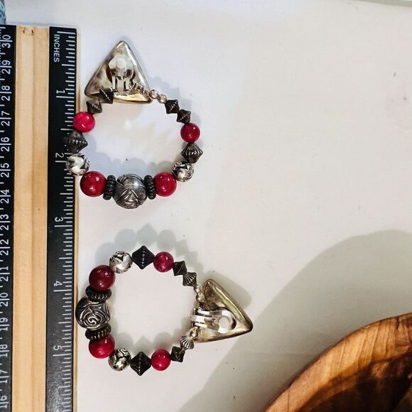 Vintage Large Earrings Silver Tone  Beaded Dangle Ornate Beads Clip On Y2K 4583 - Picture 7 of 8